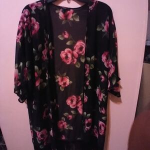 Forever 21 Black Floral Fringe Kimono - Pink & Green Roses